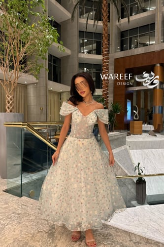 فستان سماوي أوف شولدر بتطريز شك مورد تصميم A-Line