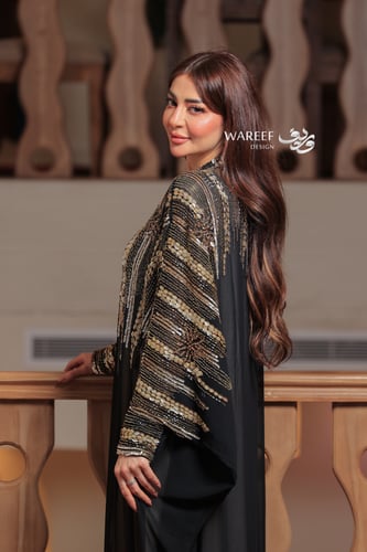 جلابية سوداء فاخرة قطعتين من الشيفون والساتان بتطر...