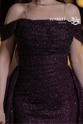 فستان سهرة بنفسجي بوردو أوف شولدر تطريز خرز فتحة ج...
