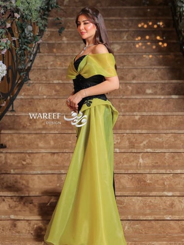 فستان سهرة أسود وأخضر ليموني أوف شولدر تفته روسي ب...