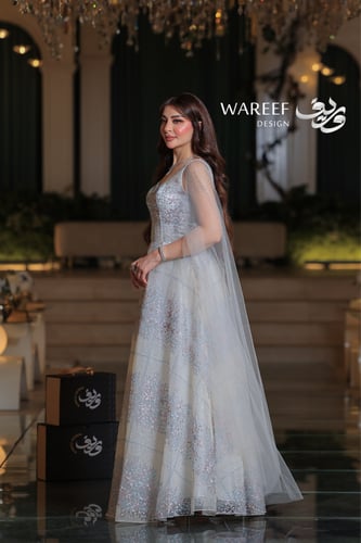 فستان سهرة سكري A-line كاب طويل قماش تول مطرز بالو...