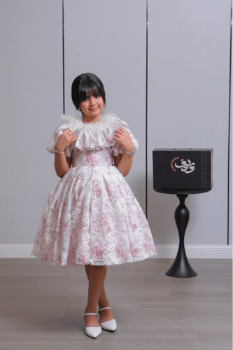 فستان بناتي مزهر بياقة ريش ناعمة وتصميم كلاسيكي أن...