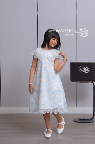 فستان بناتي أزرق سماوي فاخر بدانتيل ملكي وياقة مزخ...