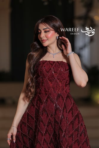 فستان عنابي داكن بوردو مطرز بالكامل بنقشة ألماسية...