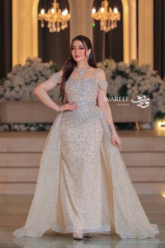 فستان سهرة بيج أوف شولدر بتطريز يدوي لامع وفخامة أ...