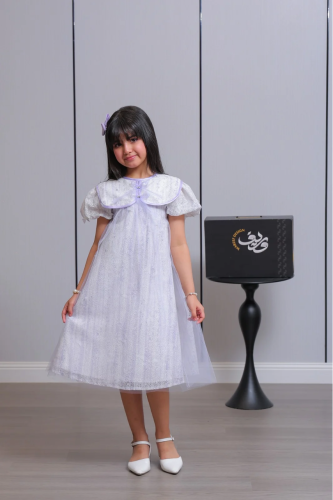 فستان بناتي بنفسجي فاتح بتول ناعم وياقة مستديرة أن...