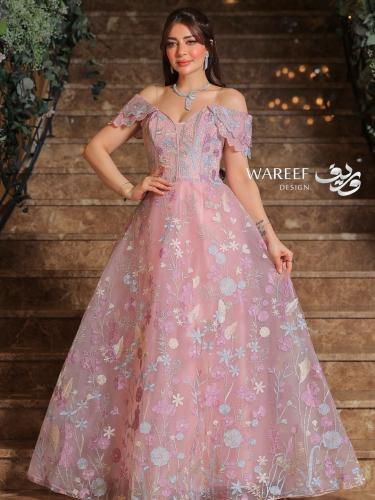 فستان سهره اوف شولدر مزين بالورود