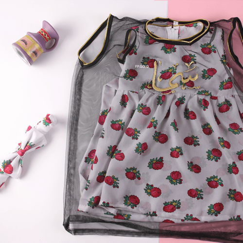 فستان شالكي مع التل الاسود وربطه