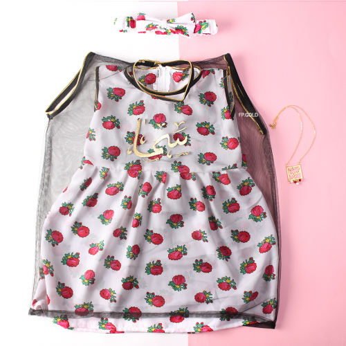 فستان شالكي مع التل الاسود وربطه