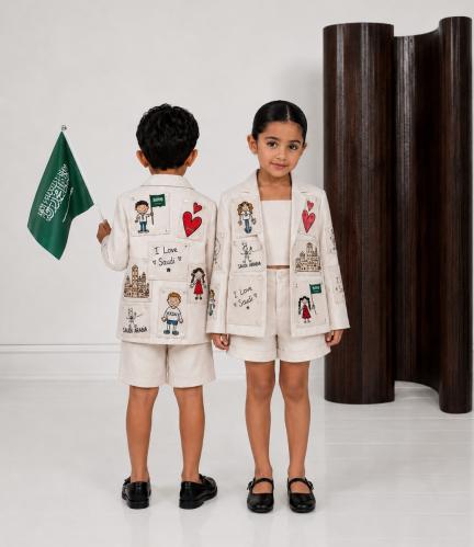 طقم أطفال لليوم الوطني جاكيت كتان +شورت