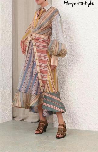 فستان صيفي مخطط بياقة قميص وأكمام واسعة وأنيقة