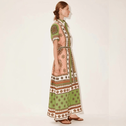 فستان ماكسي بنمط قميص وطبعات بوهيمية مزخرفة