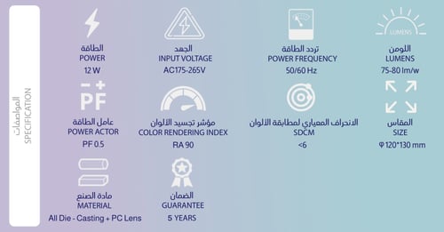 سبوت لايت GU10 12W — CRI 90، 3000K/4000K/6500K، ضم...