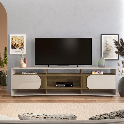Artely Elegance TV Stand 86 inches, Off-White / Slatted Pine, with Two Doors