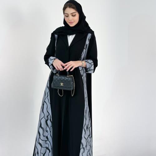 عباية كريب ملكي مع جاكار رمادي
