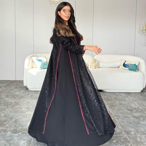 عباية كريب اسود وتل اسود مع أطراف عنابي