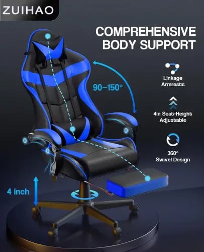 كرسي كمبيوتر مع مسند للقدمين ودعم قطني ارتفاع قابل...