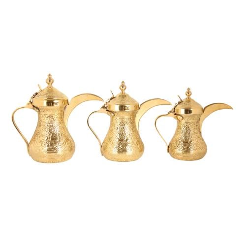 دلة نادرة منقوش ذهبي الطقم 3 حبات نحاس