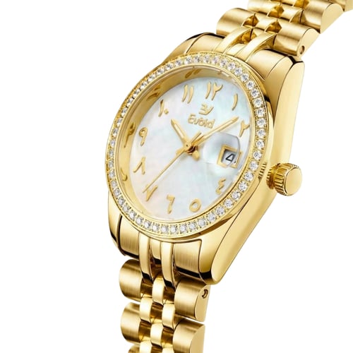 ساعة نسائية فاخرة ستيل ذهبي ومينا ابيض EV2242