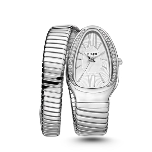 ساعة نسائية لفة ثعبان فضي مينا فضي M10066