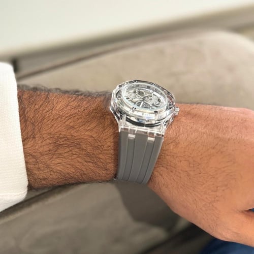 الساعة الشفافة سير رصاصي ومينا ابيض BR1134