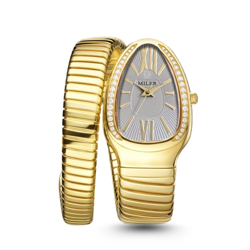 ساعة نسائية لفة ثعبان ذهبي مينا رصاصي M10066