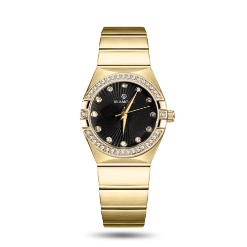 ساعة نسائية ستيل ذهبي مينا اسود 02151