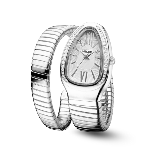 ساعة نسائية لفة ثعبان فضي مينا فضي M10066