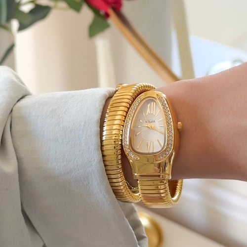 ساعة نسائية لفة ثعبان ذهبي مينا ابيض V10066