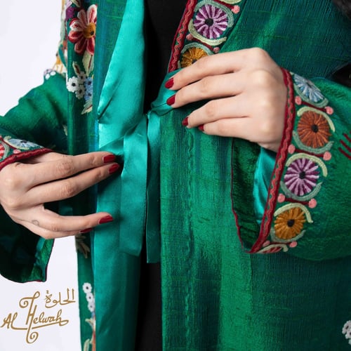 روب حرير تطريز يدوي كشميري (اخضر )