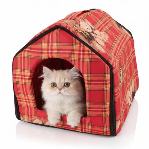 بيت للقطط والكلاب الصغيرة أحمر برسمة دب بأحجام متع...