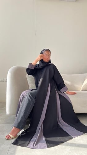 عباية دبل كلوش كتان اسود مع سبعات كريب مغسول رمادي