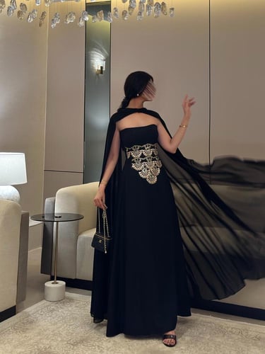 ‎فستان جلابية لنن هندي تطريز وشك مع شال شيفون وأسا...