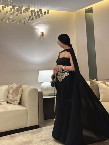 ‎فستان جلابية لنن هندي تطريز وشك مع شال شيفون وأسا...