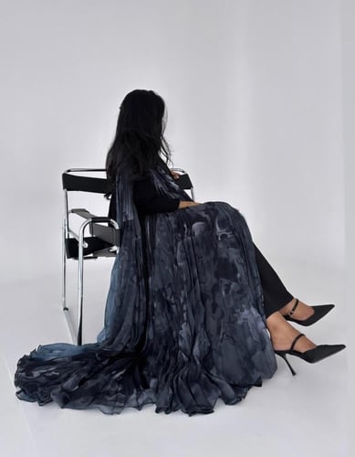 عباية شيفون اسود سادة مع شيفون مموج مكسر كلوش ‎‏‎‏...