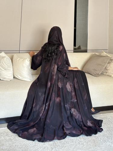 عباية شيفون مطبوع ورد مبطن شيفون فيتنامي كلوش