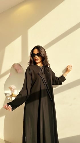 ‎ عباية كريب شديد السواد مع تطريز ابيض