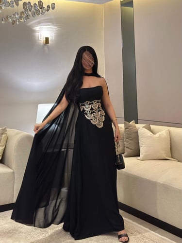 ‎فستان جلابية لنن هندي تطريز وشك مع شال شيفون وأسا...