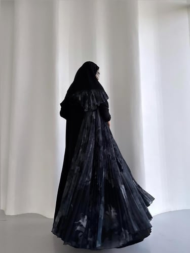 عباية شيفون اسود سادة مع شيفون مموج مكسر كلوش ‎‏‎‏...