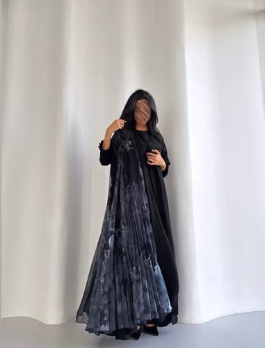 عباية شيفون اسود سادة مع شيفون مموج مكسر كلوش ‎‏‎‏...