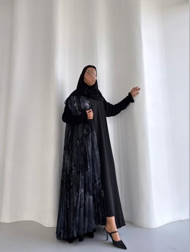 عباية شيفون اسود سادة مع شيفون مموج مكسر كلوش ‎‏‎‏...