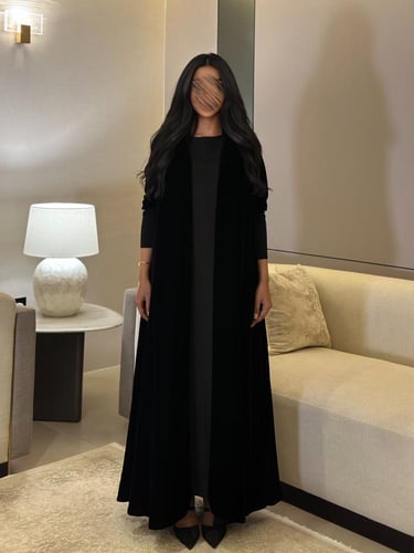 عباية مخمل اسود مع أكمام سترتش نص كلوش