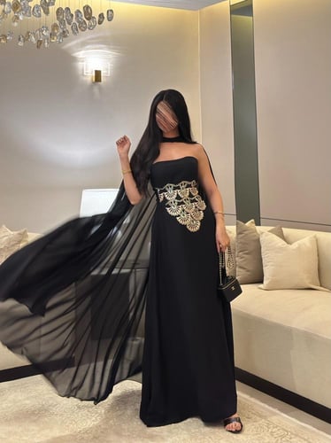 ‎فستان جلابية لنن هندي تطريز وشك مع شال شيفون وأسا...