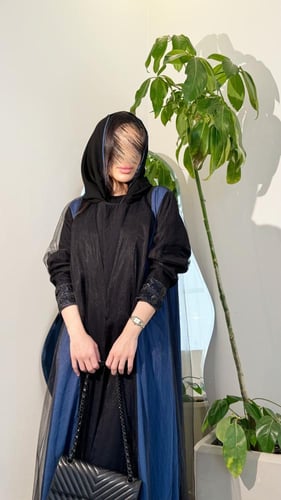 عباية لنن بحريني اسود وأزرق مع طبقة تل واقف وكلفة...