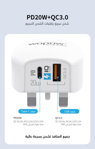 فيش جداري ووبو مخرج USBو PD بقوة 20واط ابيض A20