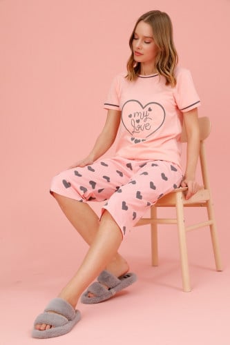 بيجامة قطنية وردي برمودا - صناعة تركية