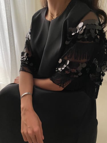 جلابيه/ فستان تفته اسود مع هدب وترتر