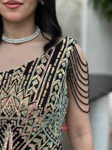 فستان سهرة ماسك استرتش بترتر لامع مميز بالوان متعد...