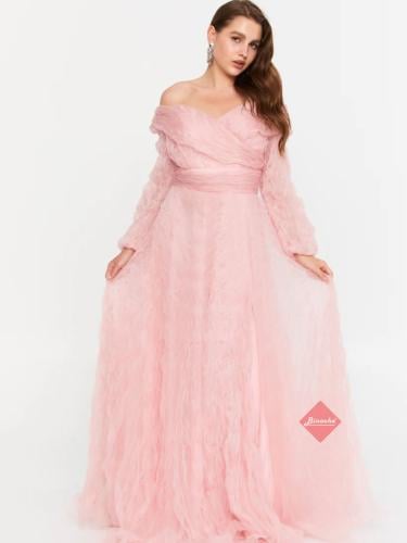 فستان سهرة طويل تل مجعد ستايل اوف شولدر