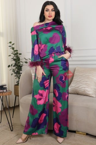 طقم بنطلون مشجر برنت ازهار مزين بالريش